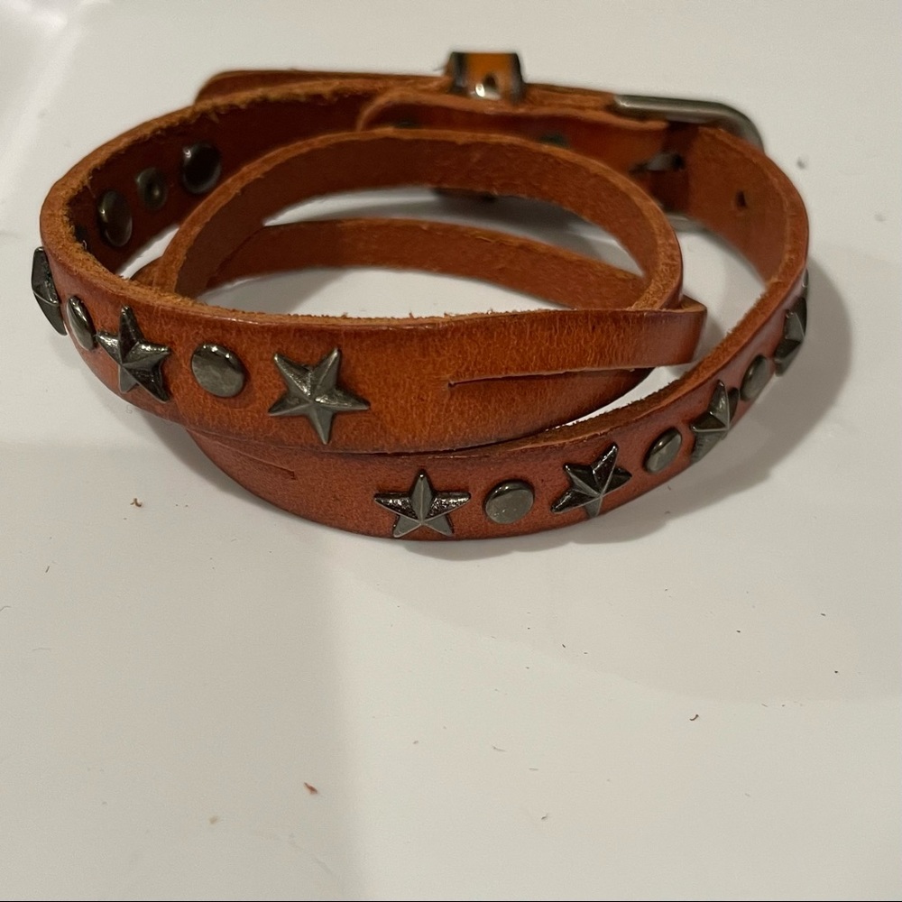 Genuine Leather Adjustable Wrap Buckle Bracelet with star rivets